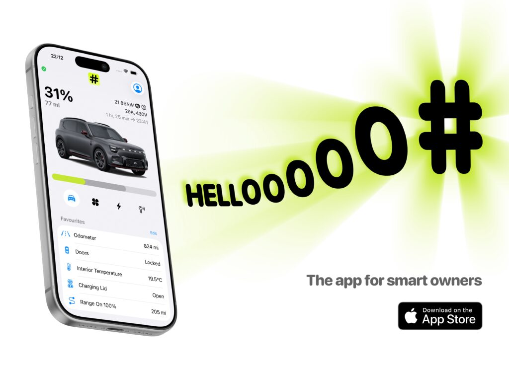 Hello # app shown on iPhone next to a smart # car