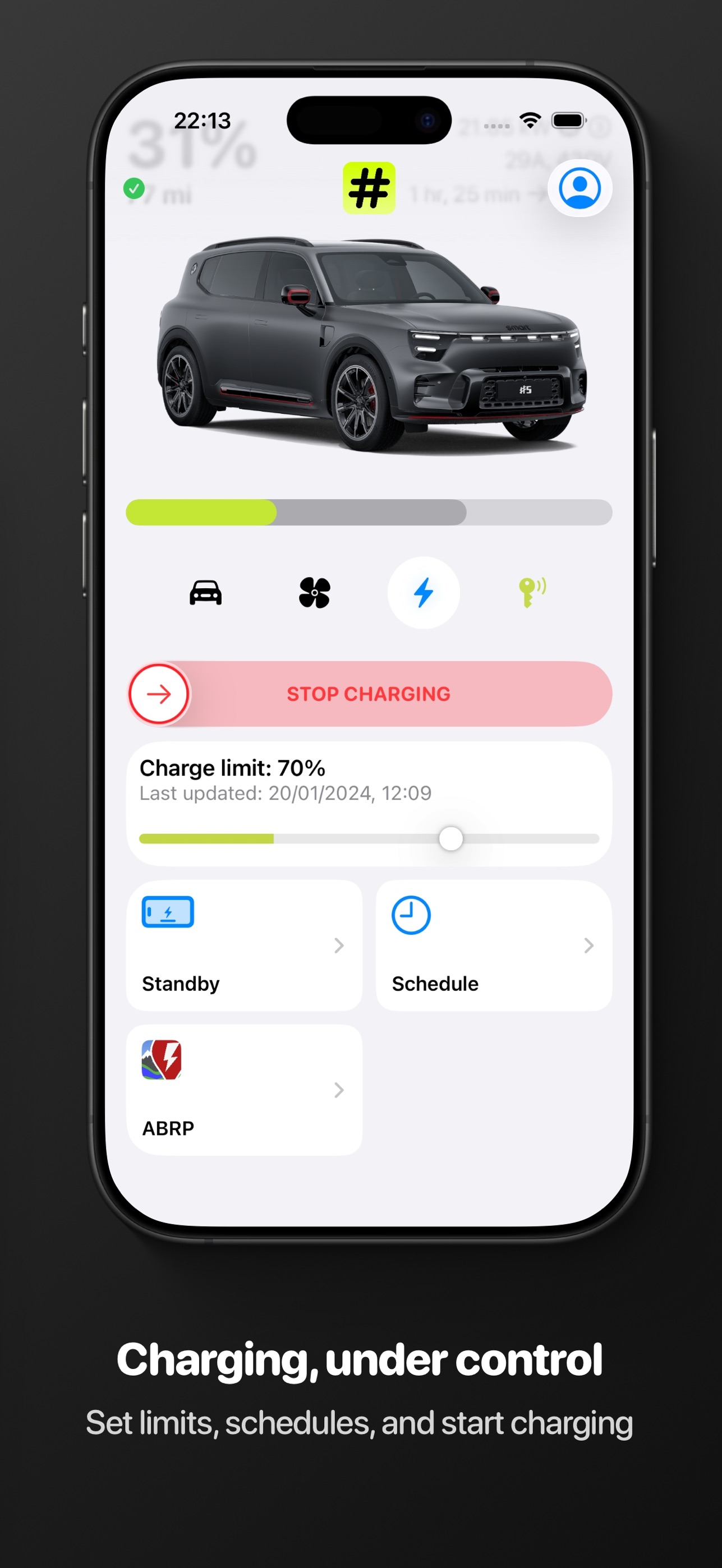 Hello # charging control with limit, schedule, and ABRP export